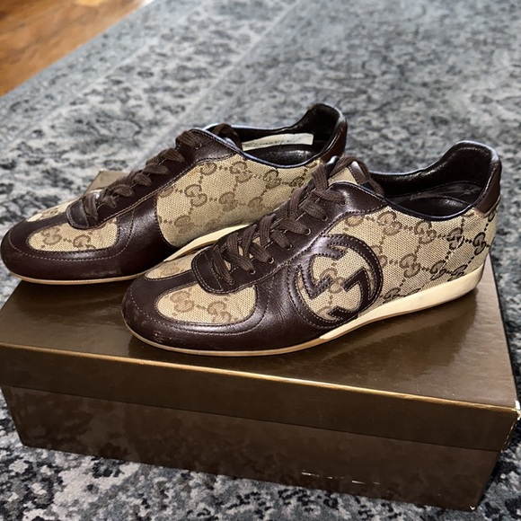 Gucci | Shoes | Gucci Logo Sneakers Brown Size 4 | Poshmark